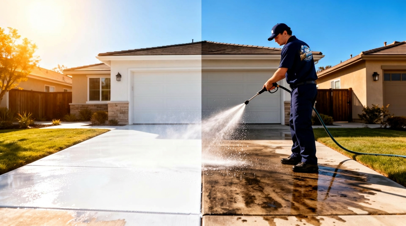 Pressure washer cleaning a driveway in Lancaster